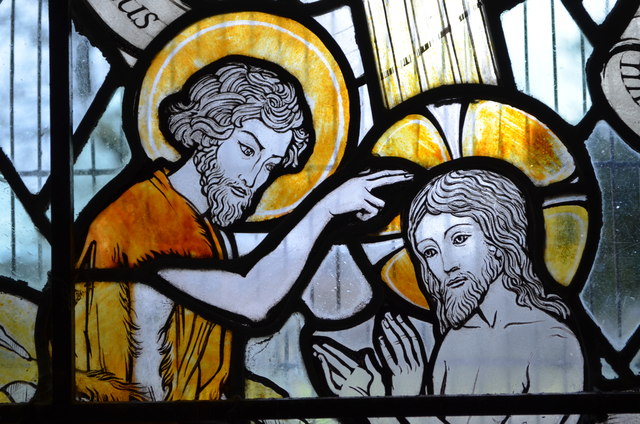 Baptism Stained glass window detail, Mountfield church